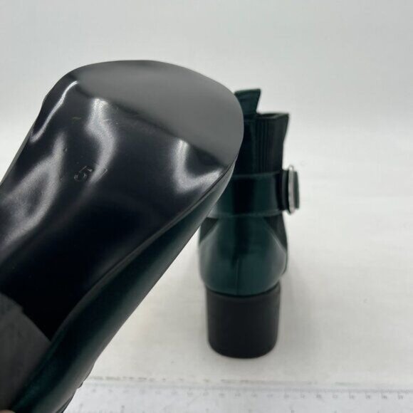 The Elera Green Leather Block Heel Women Boot — Boots  Green Women Block Low Heel Suede Cowgirl Boots Pull on Ankle Bootie with Buckle